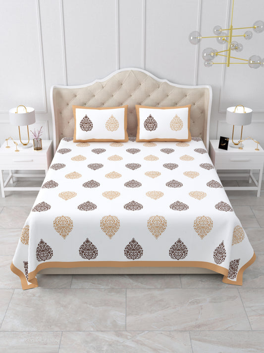 Jaipuri Beige & Coffee Floral Butti Super King Size Cotton Bedsheet