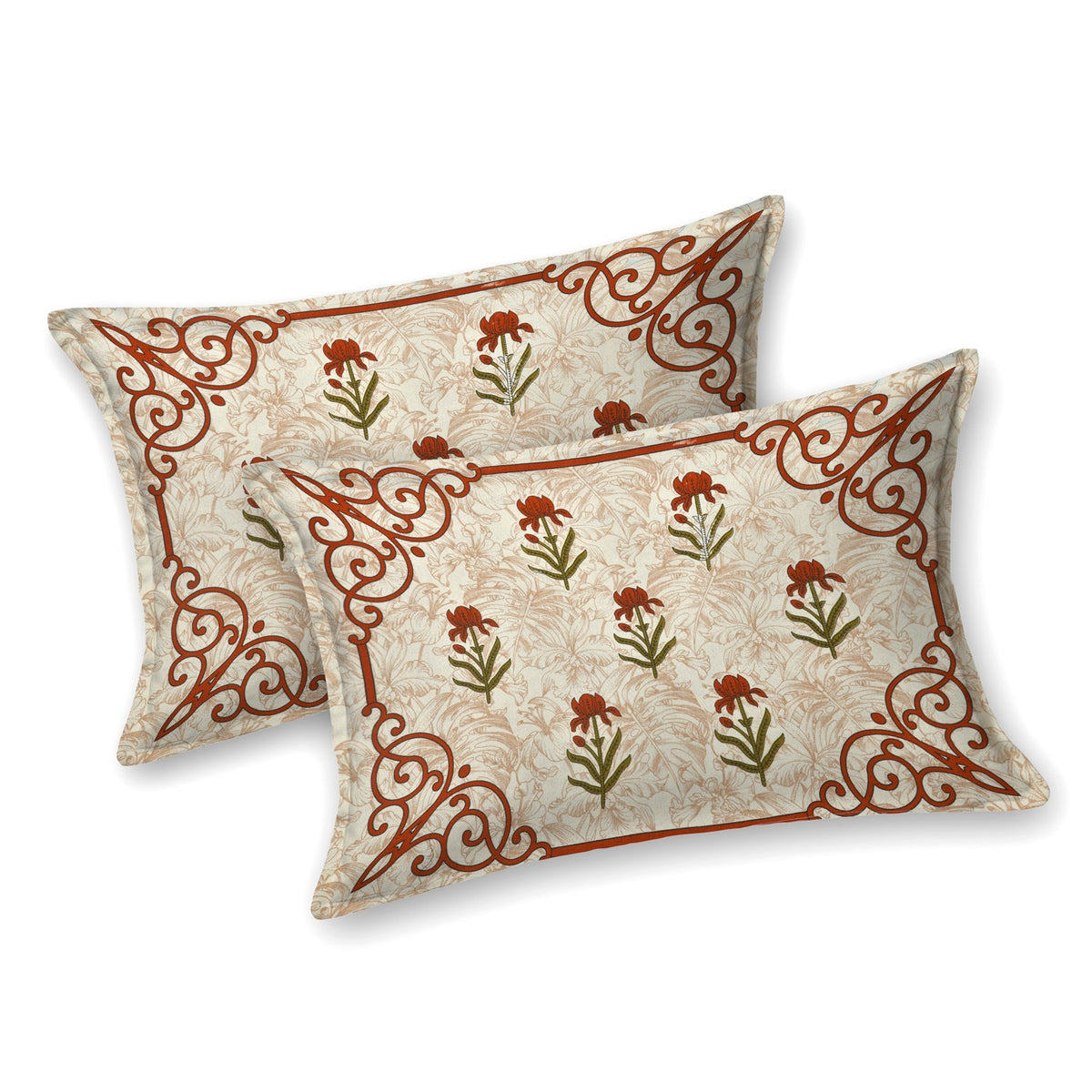 Cream Floral Buta Rust Scroll Border Printed Bedsheet (100 x 108) with 2 Pillow Covers