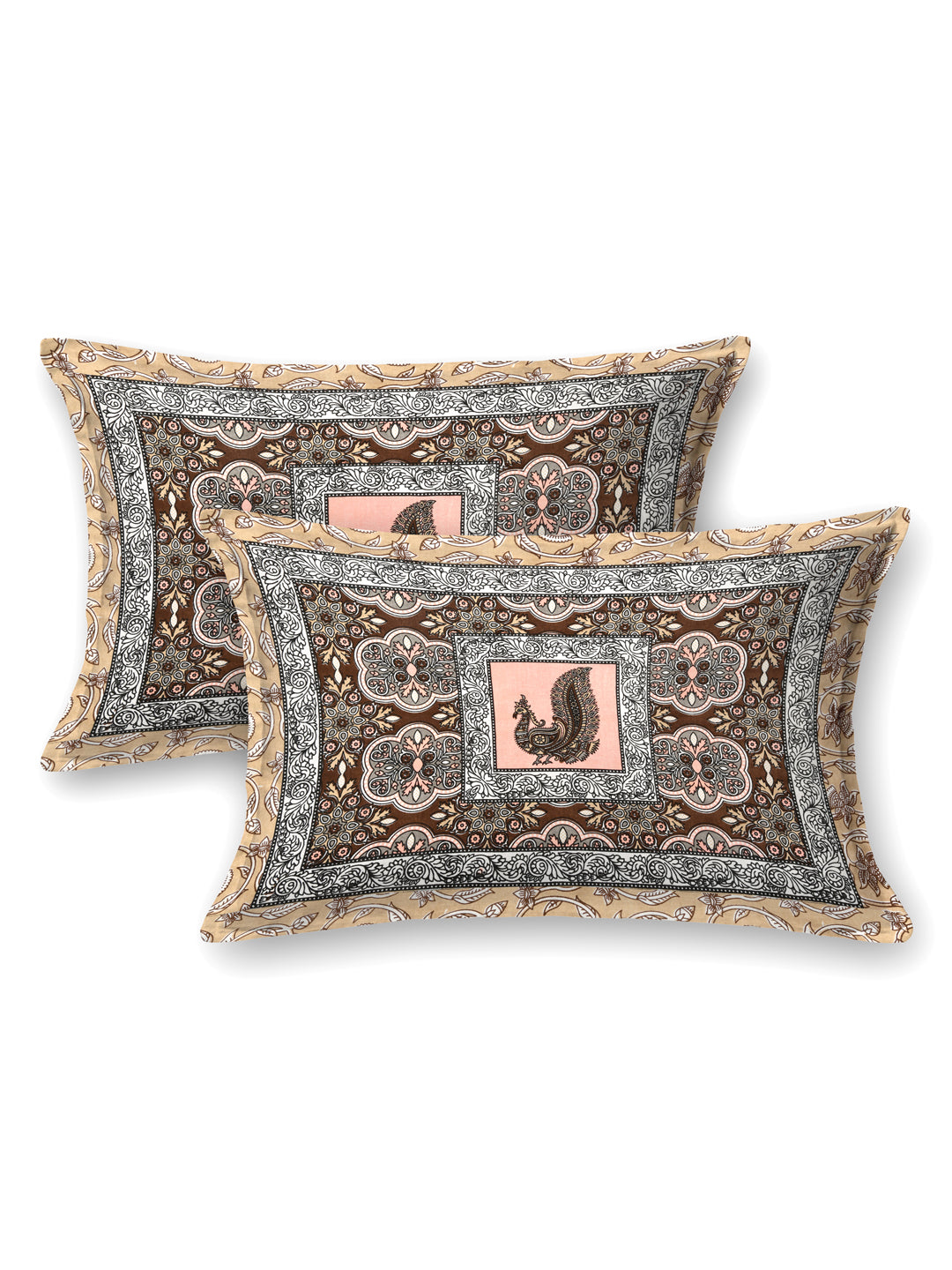 Beige & Coffee Paisley Hand-Block Queen Size Cotton Bedsheet
