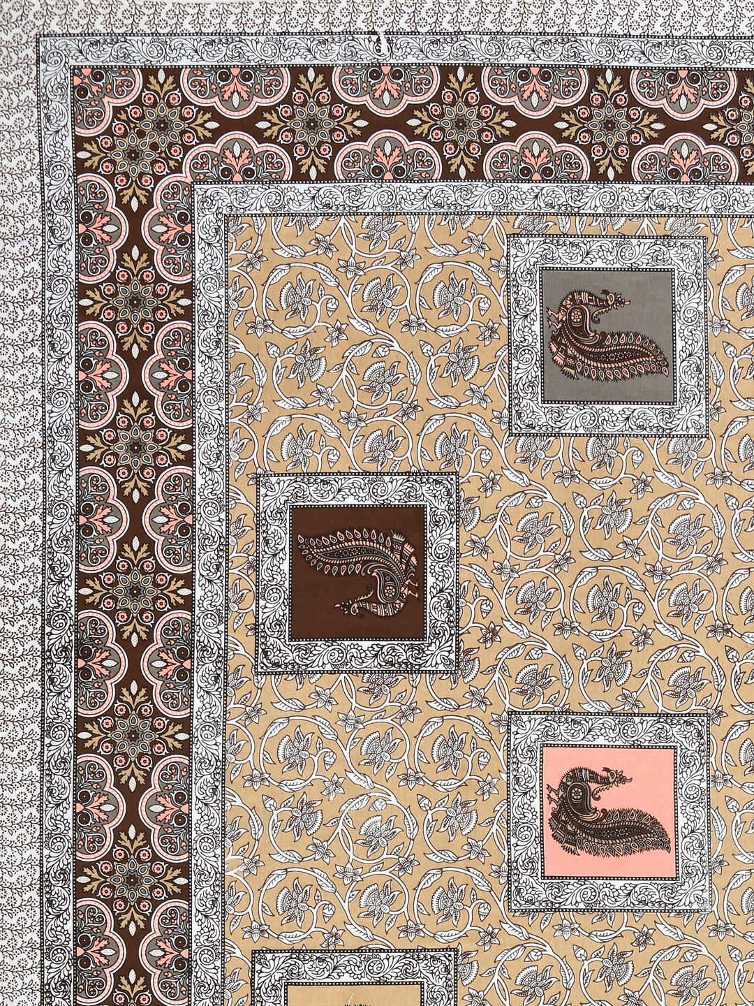 Beige & Coffee Paisley Hand-Block Queen Size Cotton Bedsheet