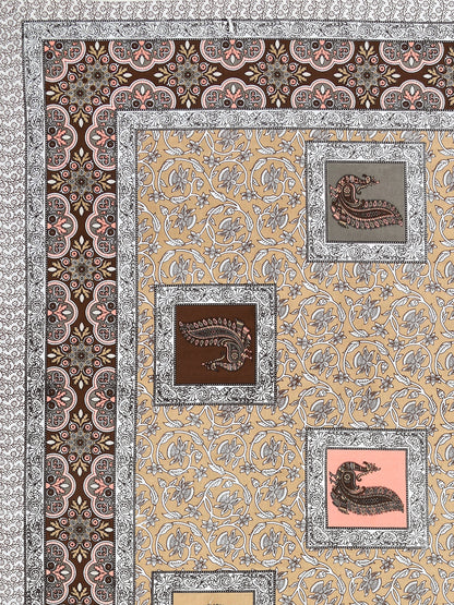 Beige & Coffee Paisley Hand-Block Queen Size Cotton Bedsheet