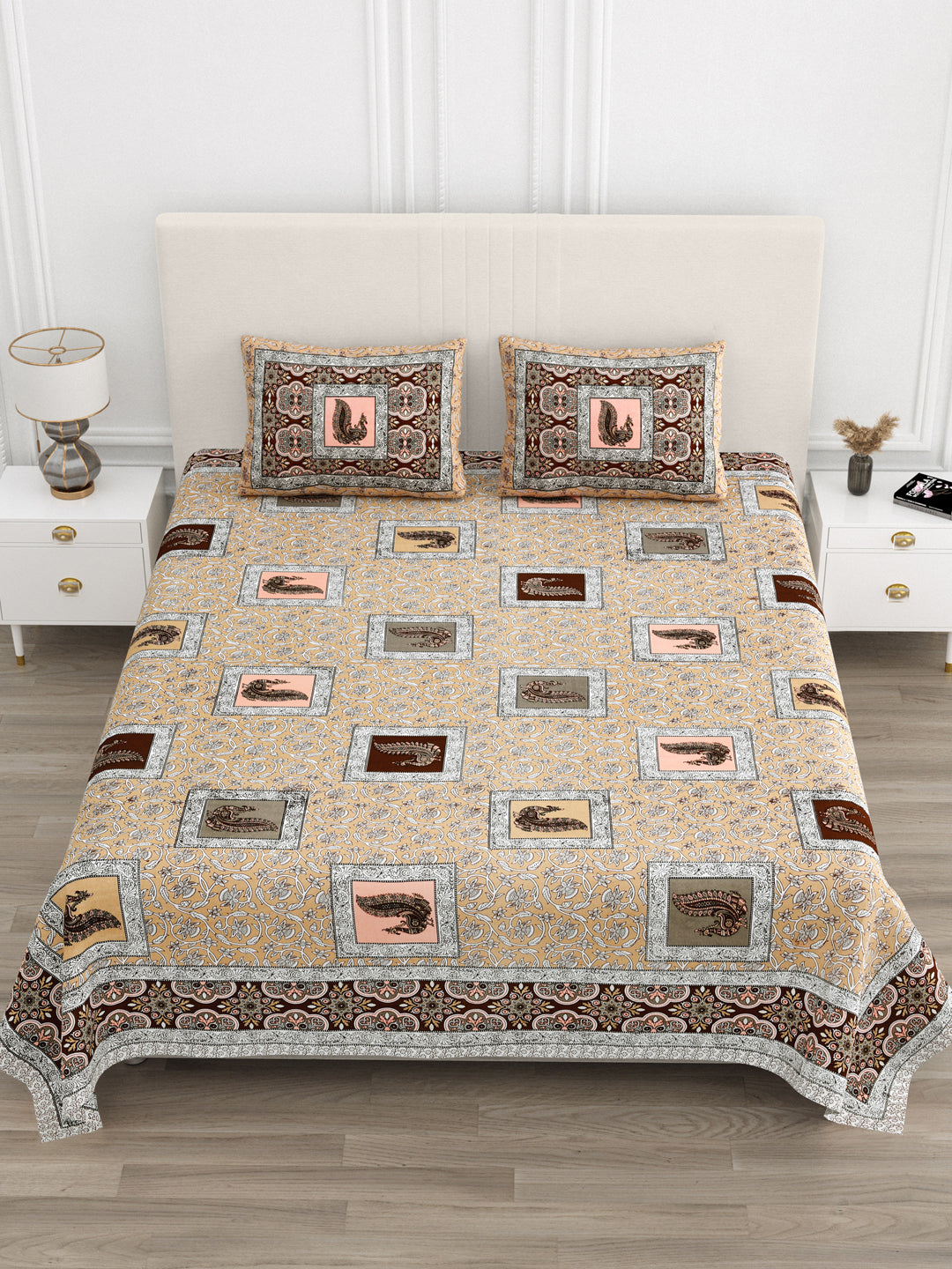 Beige & Coffee Paisley Hand-Block Queen Size Cotton Bedsheet