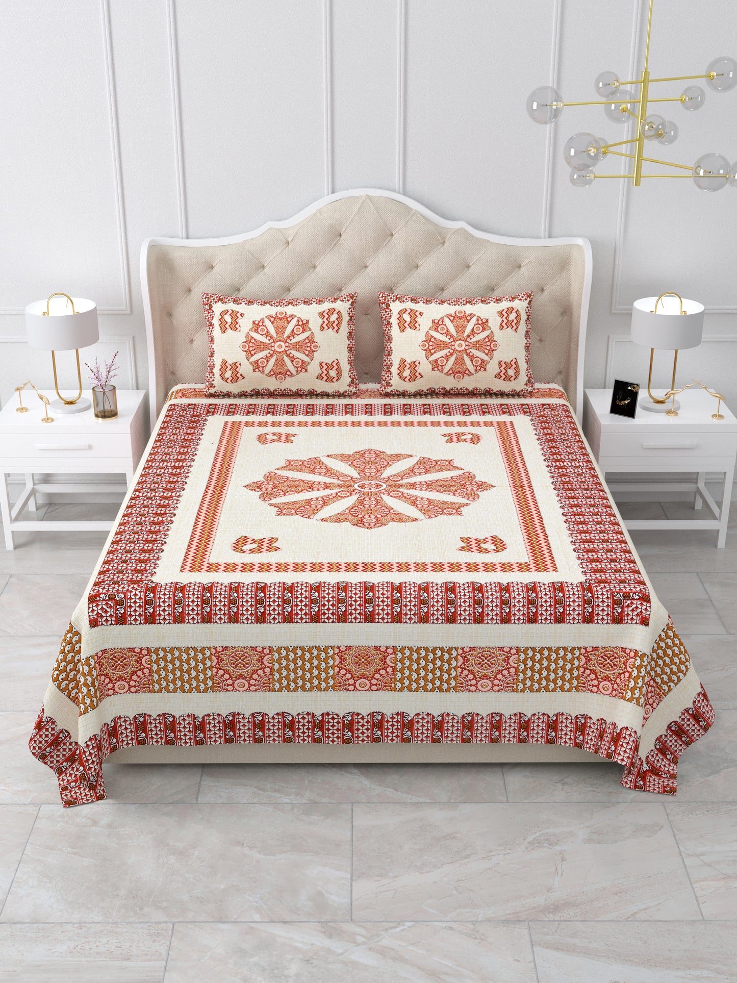 Rust Orange Medallion Hand-Block Queen Size Cotton Bedsheet