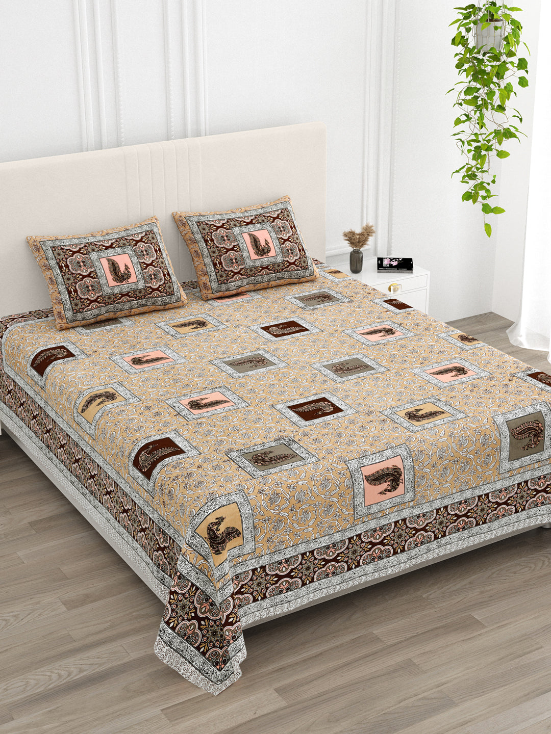 Beige & Coffee Paisley Hand-Block Queen Size Cotton Bedsheet