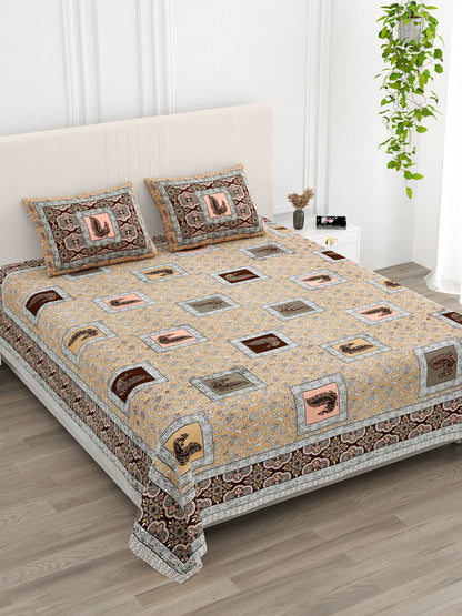 Beige & Coffee Paisley Hand-Block Queen Size Cotton Bedsheet