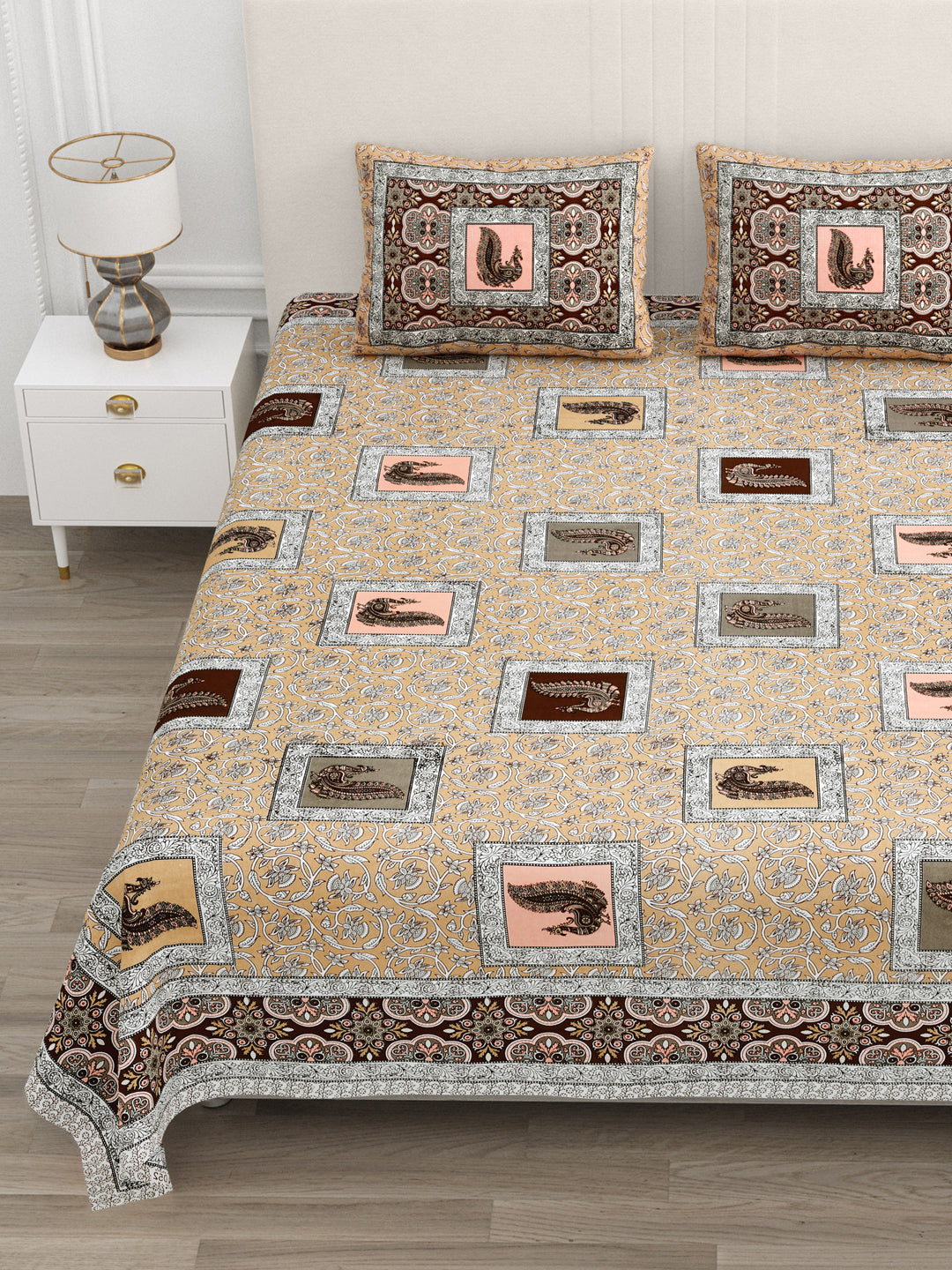 Beige & Coffee Paisley Hand-Block Queen Size Cotton Bedsheet