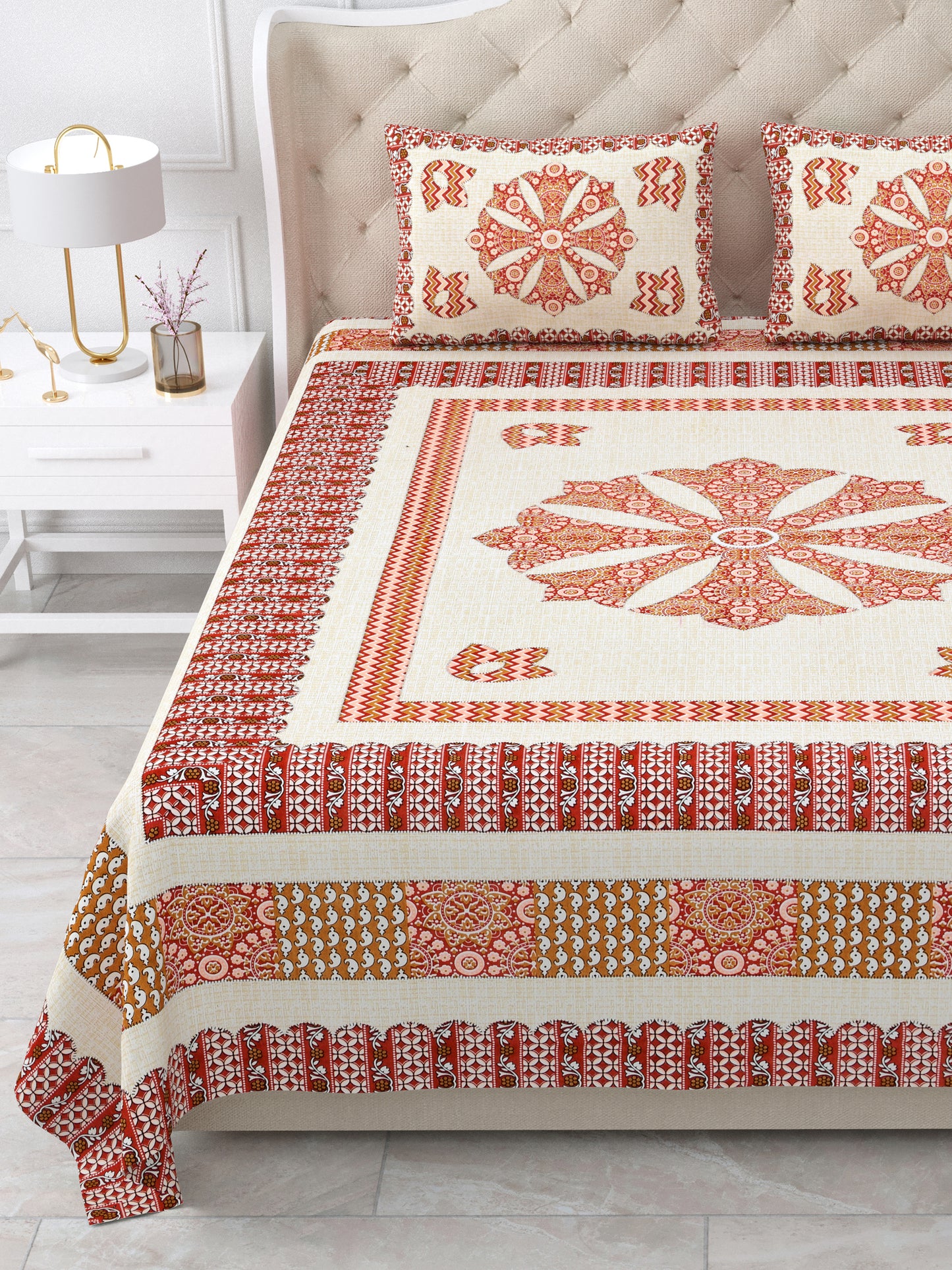 Rust Orange Medallion Hand-Block Queen Size Cotton Bedsheet