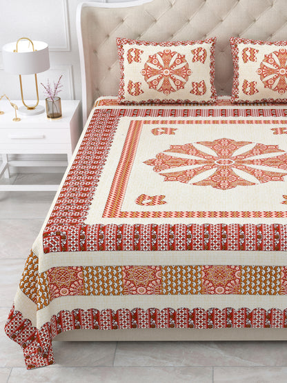 Rust Orange Medallion Hand-Block Queen Size Cotton Bedsheet