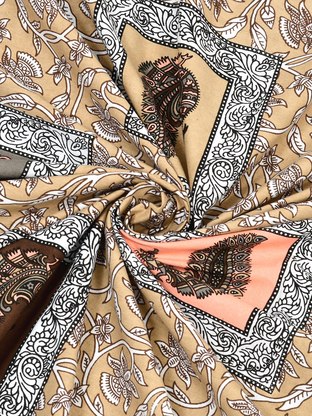 Beige & Coffee Paisley Hand-Block Queen Size Cotton Bedsheet