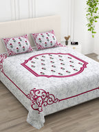 White Floral Buta Pink Scroll Border Printed Bedsheet (100 x 108) with 2 Pillow Covers