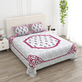 White Floral Buta Pink Scroll Border Printed Bedsheet (100 x 108) with 2 Pillow Covers