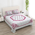 White Floral Buta Pink Scroll Border Printed Bedsheet (100 x 108) with 2 Pillow Covers