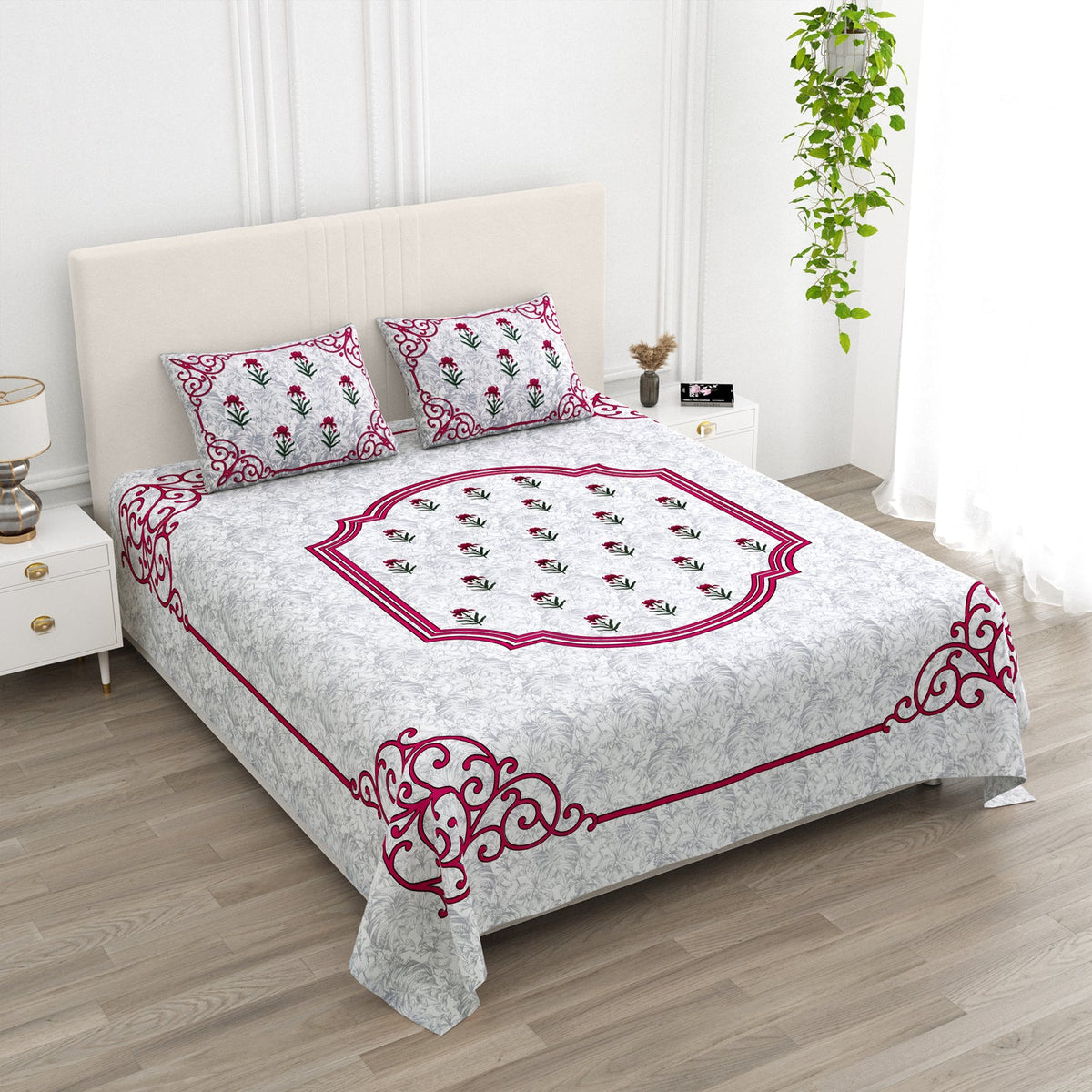 White Floral Buta Pink Scroll Border Printed Bedsheet (100 x 108) with 2 Pillow Covers