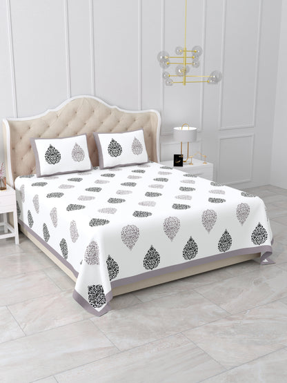 Jaipuri Grey & Charcoal Floral Butti Super King Size Cotton Bedsheet