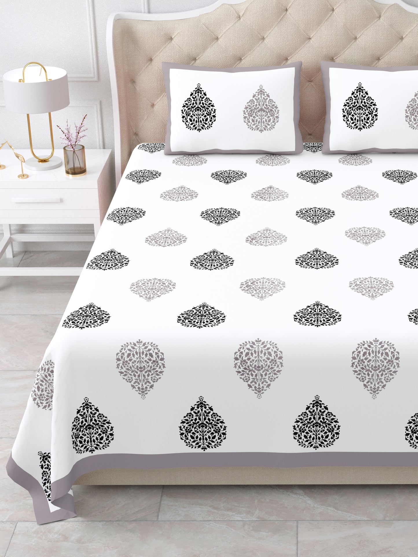 Jaipuri Grey & Charcoal Floral Butti Super King Size Cotton Bedsheet