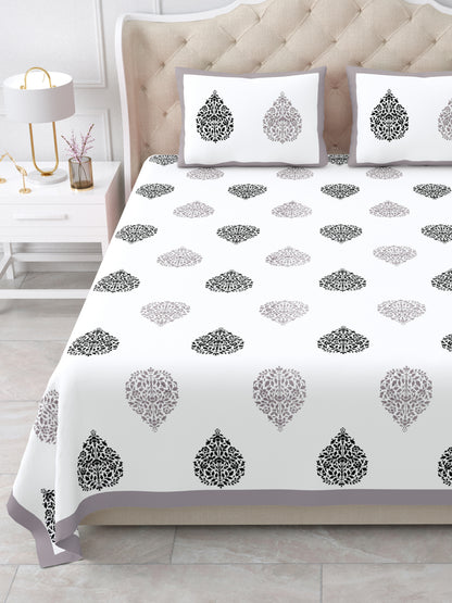 Jaipuri Grey & Charcoal Floral Butti Super King Size Cotton Bedsheet