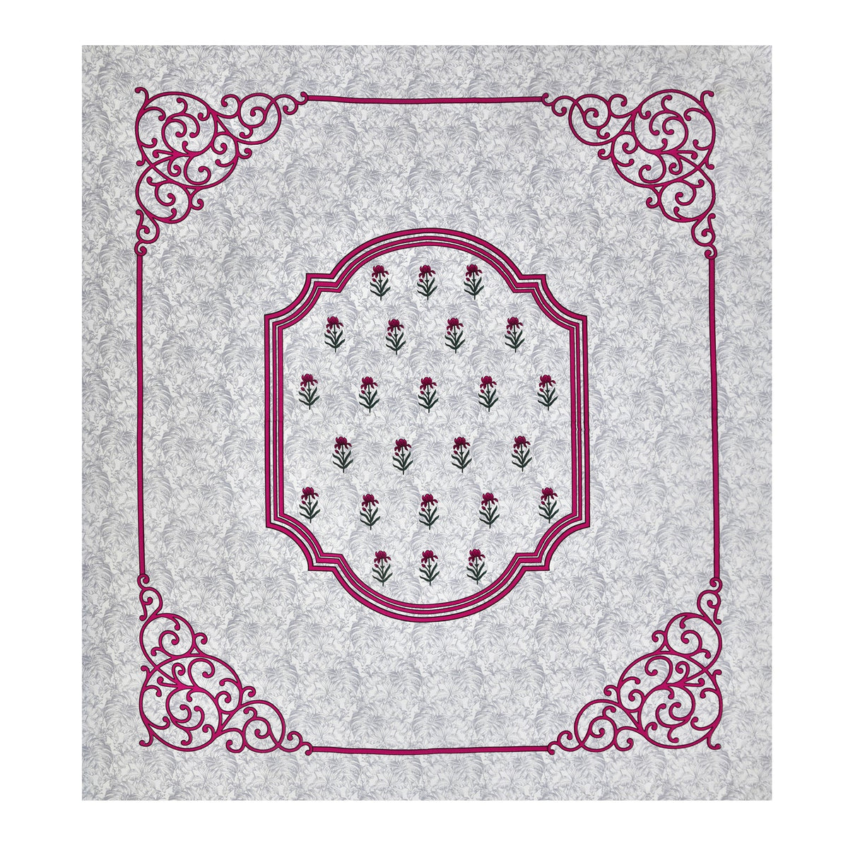 White Floral Buta Pink Scroll Border Printed Bedsheet (100 x 108) with 2 Pillow Covers