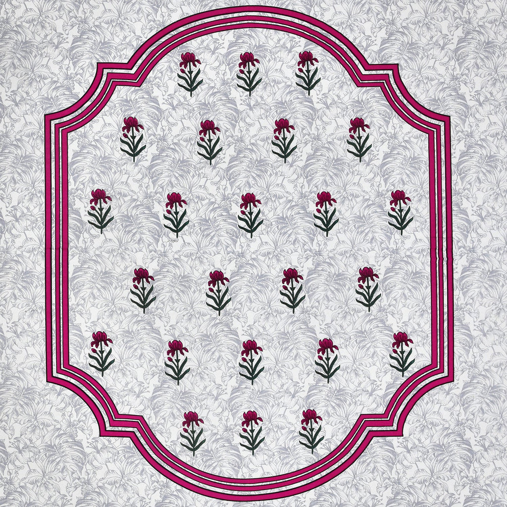 White Floral Buta Pink Scroll Border Printed Bedsheet (100 x 108) with 2 Pillow Covers