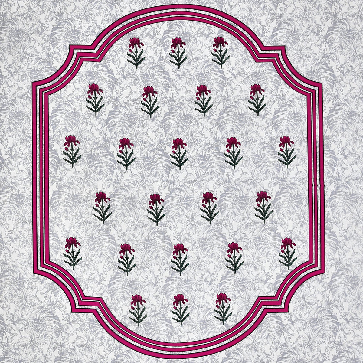 White Floral Buta Pink Scroll Border Printed Bedsheet (100 x 108) with 2 Pillow Covers