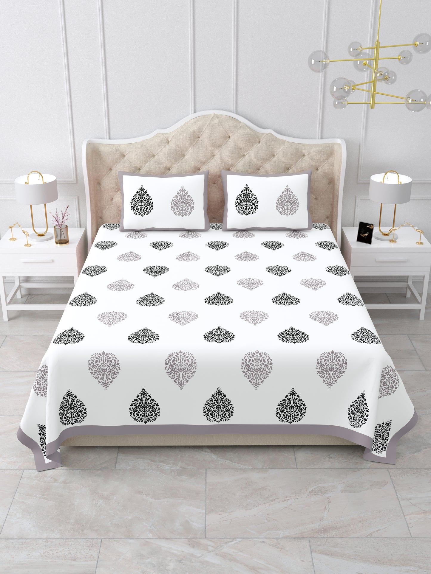 Jaipuri Grey & Charcoal Floral Butti Super King Size Cotton Bedsheet