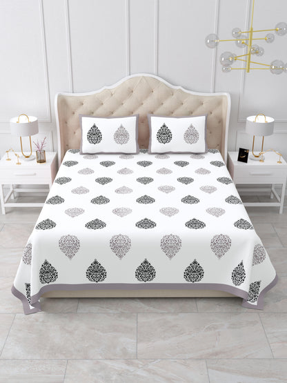 Jaipuri Grey & Charcoal Floral Butti Super King Size Cotton Bedsheet