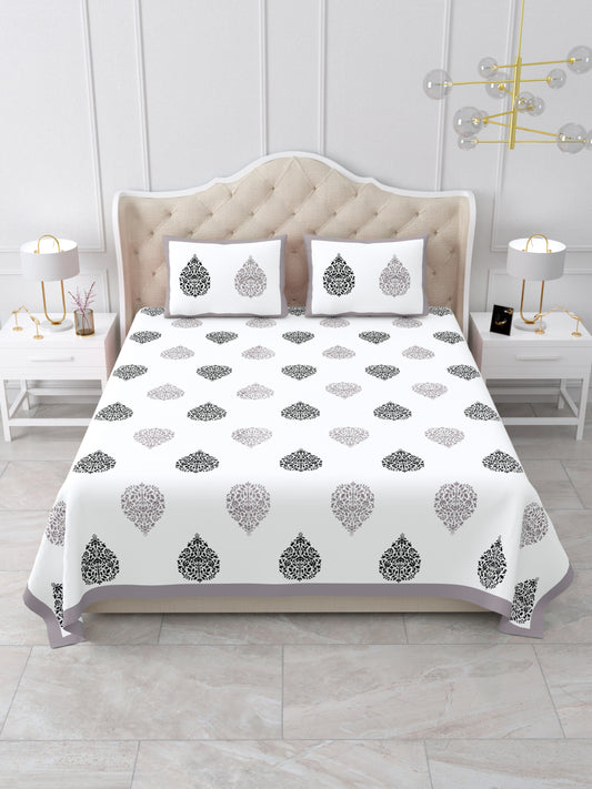 Jaipuri Grey & Charcoal Floral Butti Super King Size Cotton Bedsheet