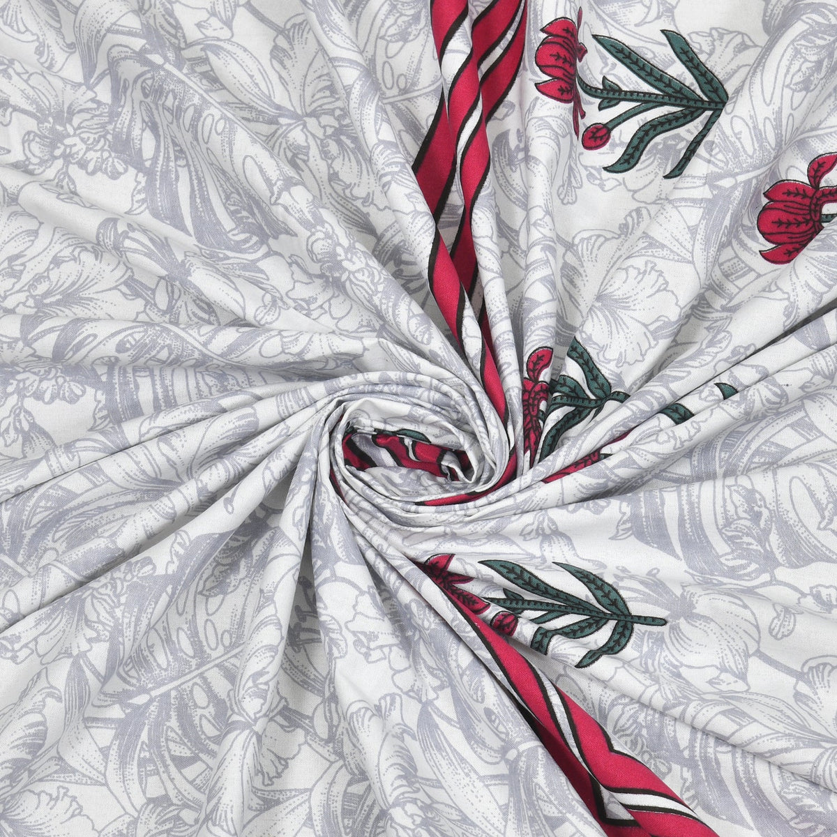 White Floral Buta Pink Scroll Border Printed Bedsheet (100 x 108) with 2 Pillow Covers