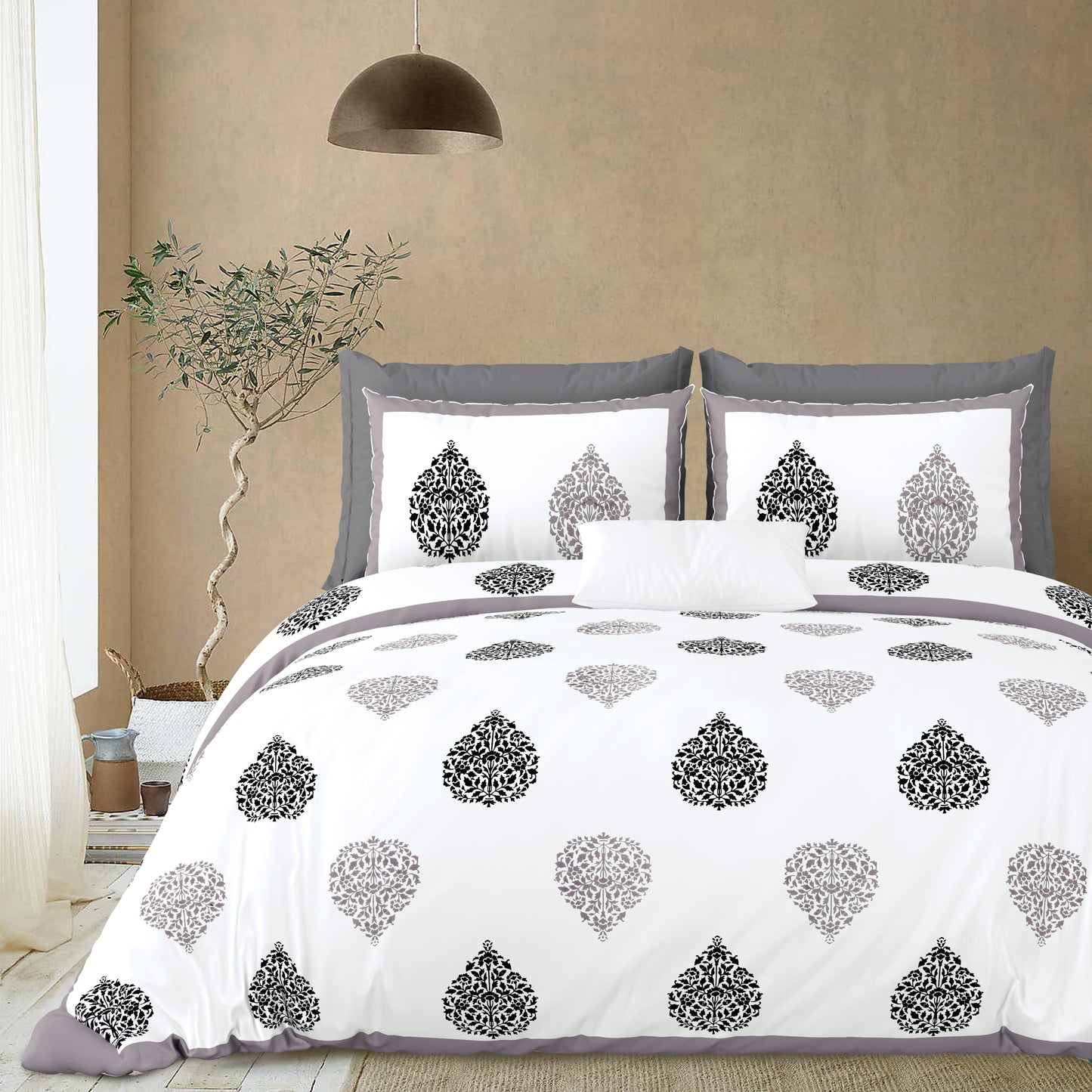 Jaipuri Grey & Charcoal Floral Butti Super King Size Cotton Bedsheet