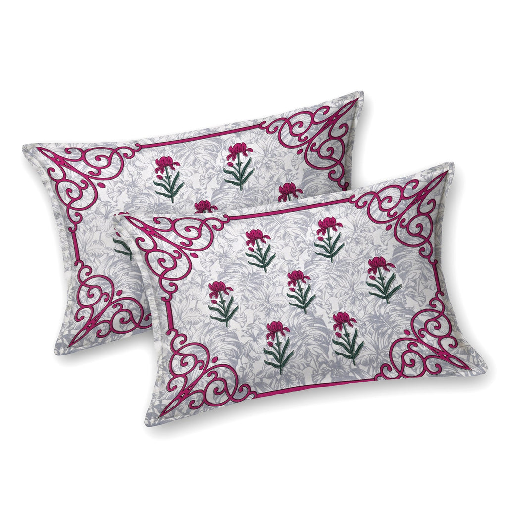 White Floral Buta Pink Scroll Border Printed Bedsheet (100 x 108) with 2 Pillow Covers