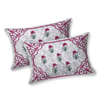 White Floral Buta Pink Scroll Border Printed Bedsheet (100 x 108) with 2 Pillow Covers