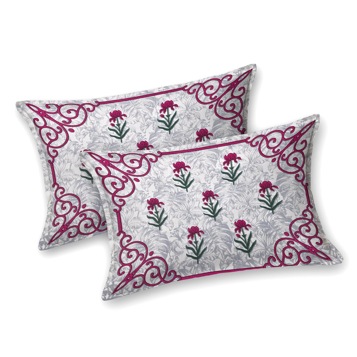 White Floral Buta Pink Scroll Border Printed Bedsheet (100 x 108) with 2 Pillow Covers