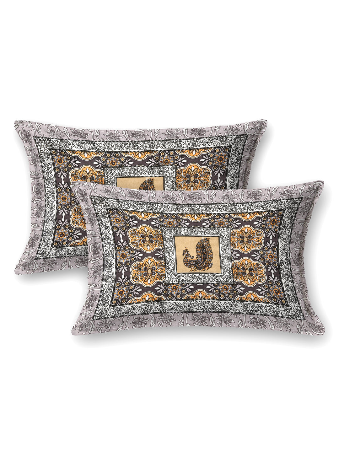 Grey & Mustard Paisley Hand-Block Queen Cotton Bedsheet