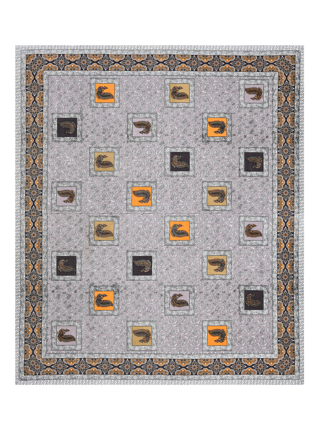 Grey & Mustard Paisley Hand-Block Queen Cotton Bedsheet