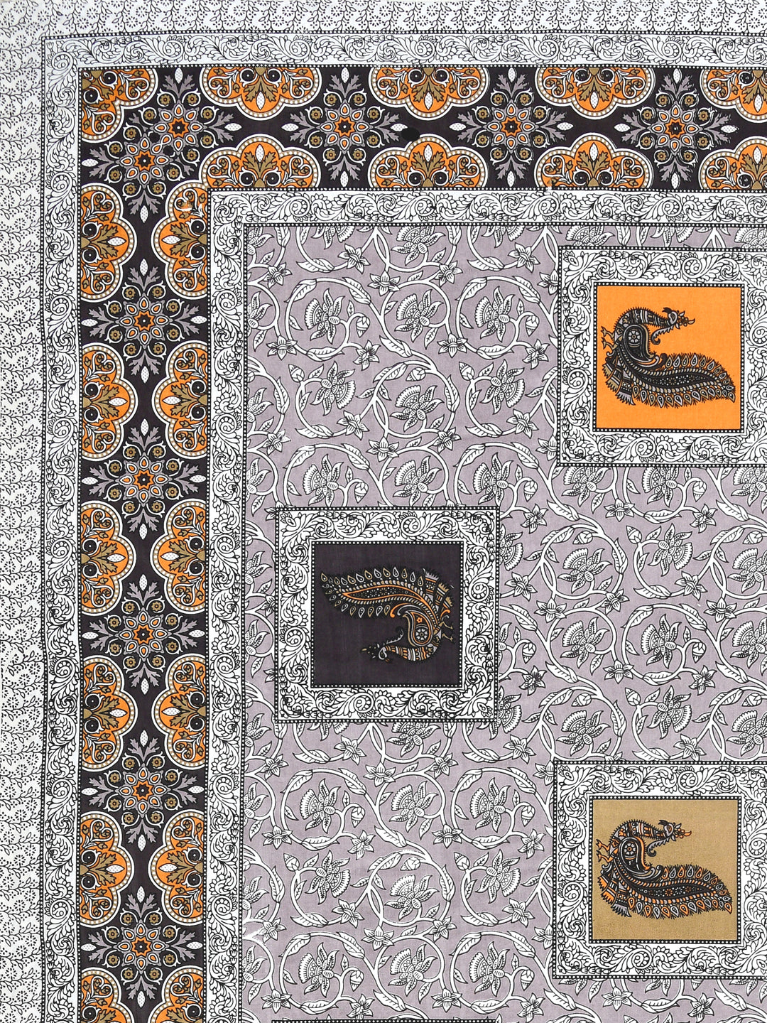 Grey & Mustard Paisley Hand-Block Queen Cotton Bedsheet