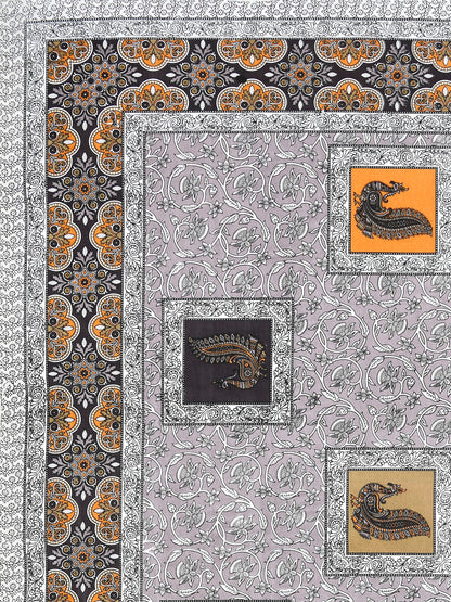 Grey & Mustard Paisley Hand-Block Queen Cotton Bedsheet