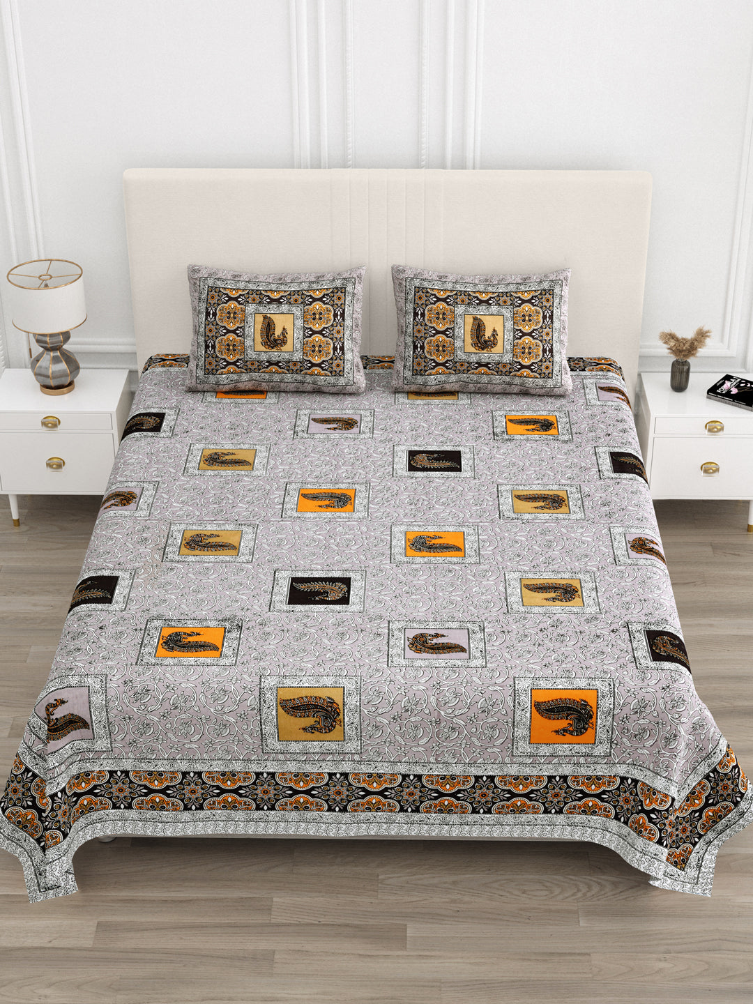 Grey & Mustard Paisley Hand-Block Queen Cotton Bedsheet