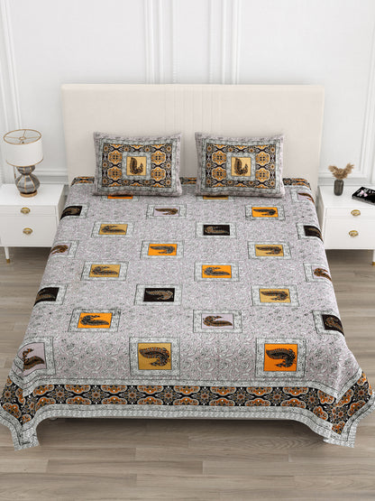 Grey & Mustard Paisley Hand-Block Queen Cotton Bedsheet