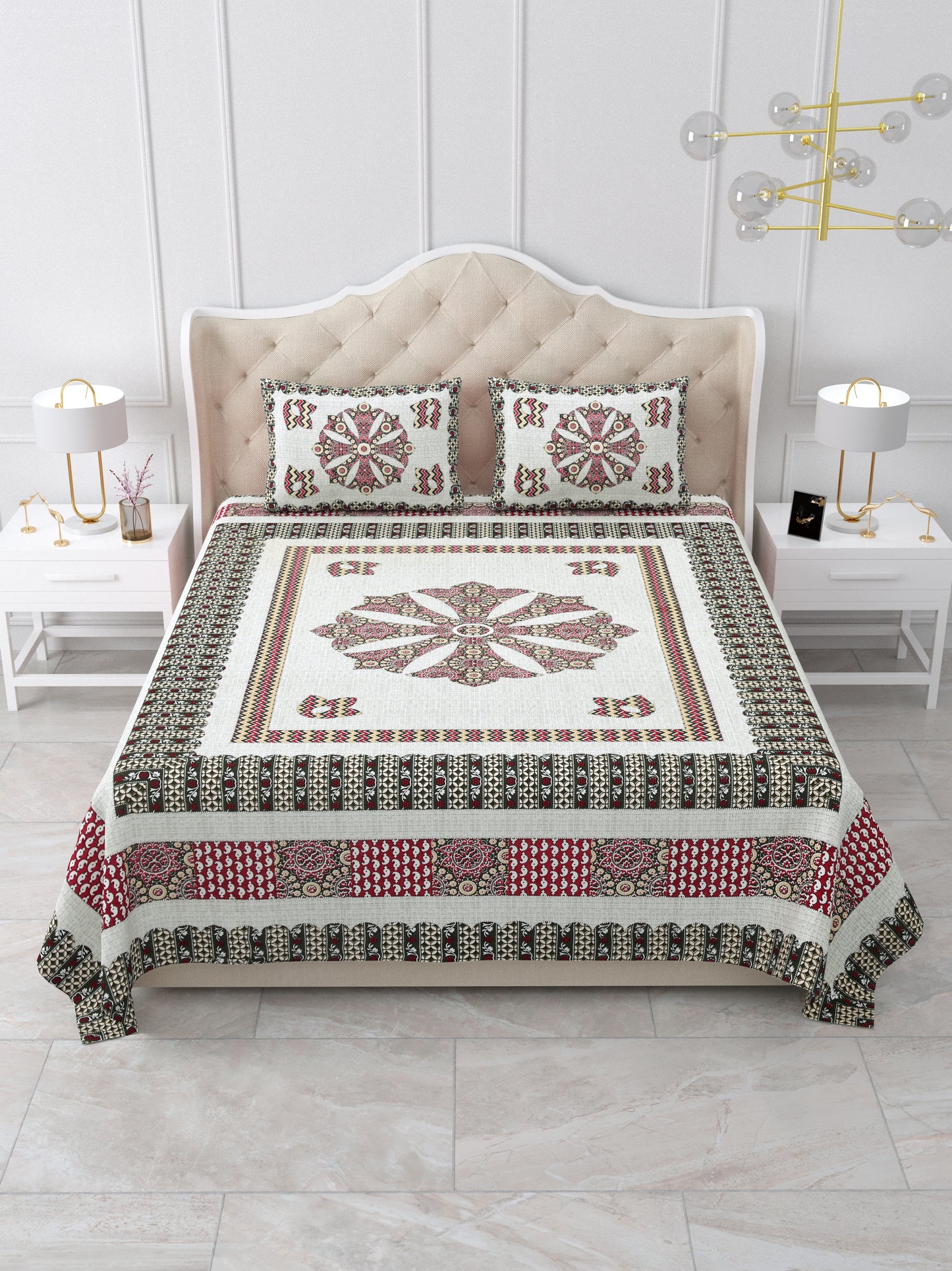 Maroon & Charcoal Medallion Hand-Block Queen Size Cotton Bedsheet