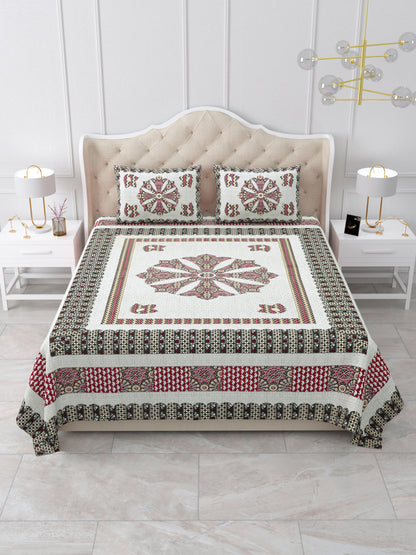 Maroon & Charcoal Medallion Hand-Block Queen Size Cotton Bedsheet