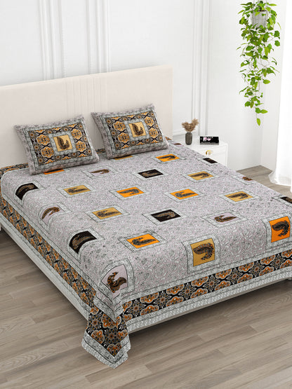 Grey & Mustard Paisley Hand-Block Queen Cotton Bedsheet