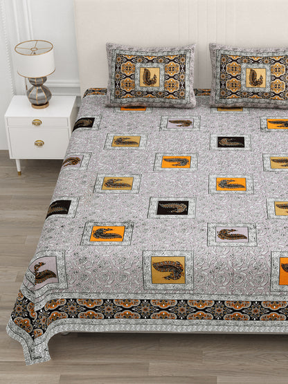 Grey & Mustard Paisley Hand-Block Queen Cotton Bedsheet