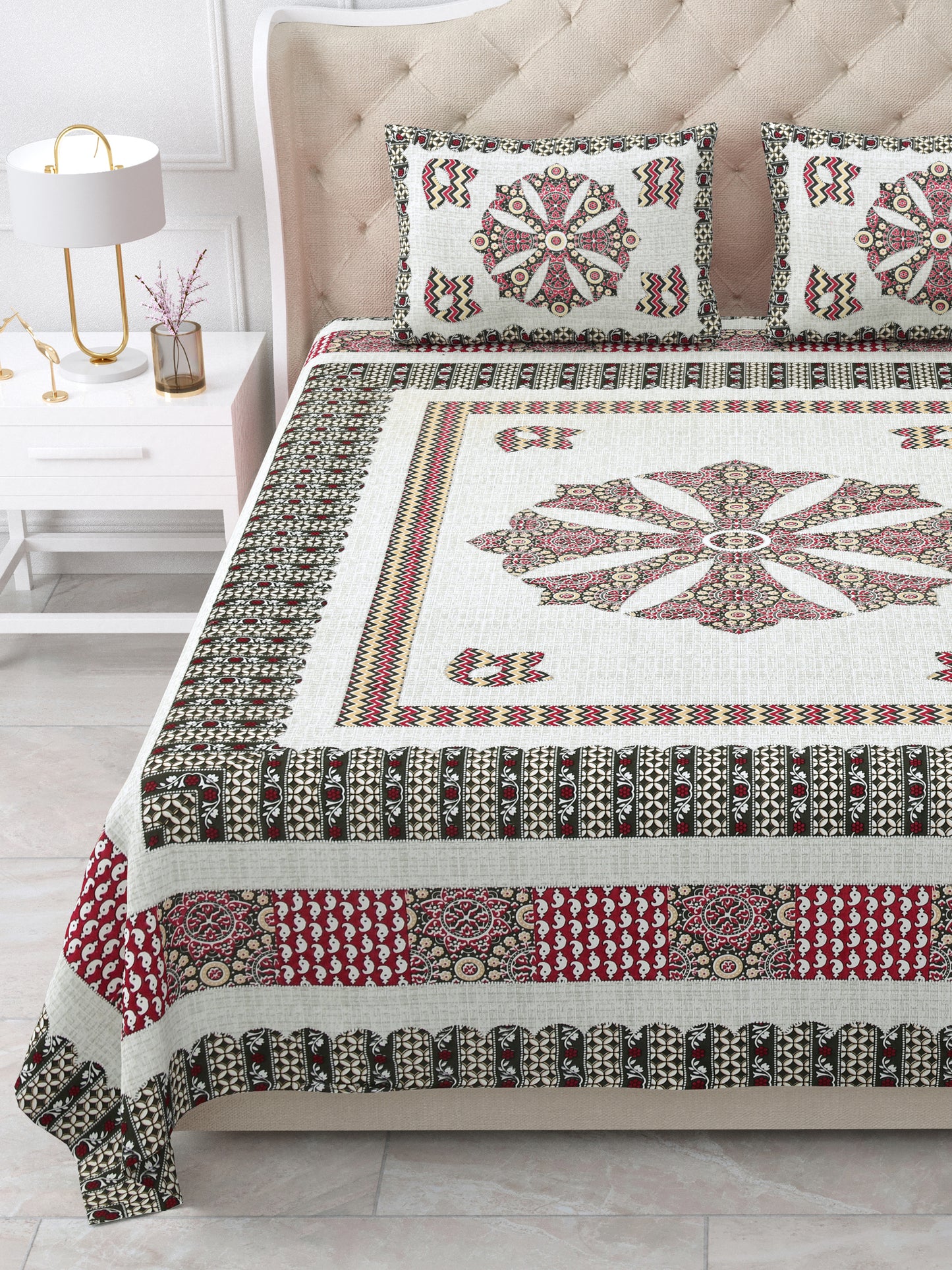 Maroon & Charcoal Medallion Hand-Block Queen Size Cotton Bedsheet