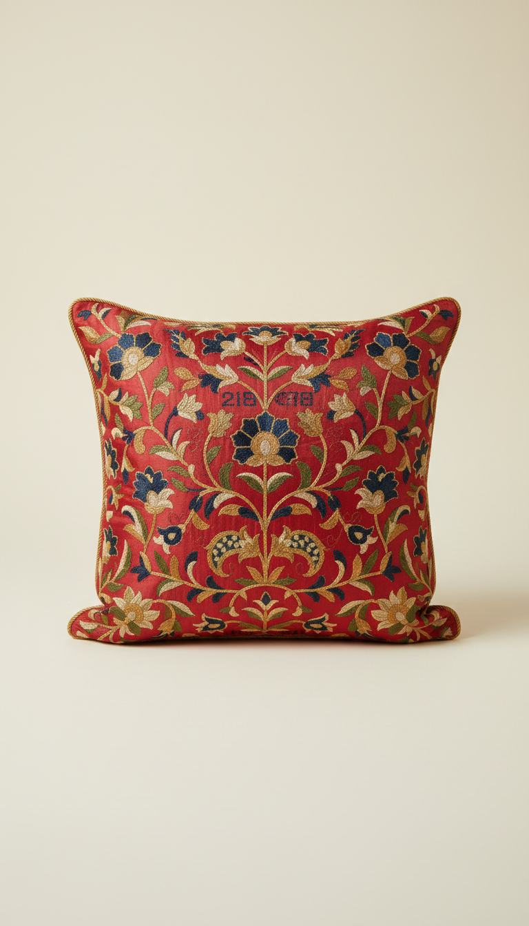 Silk Embroidered Cushion in Rani Red