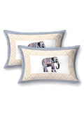 Two pillow covers with a grey-blue frame and a single grey & beige elephant motif in the centre
