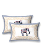 Two pillow covers with a grey-blue frame and a single grey & beige elephant motif in the centre