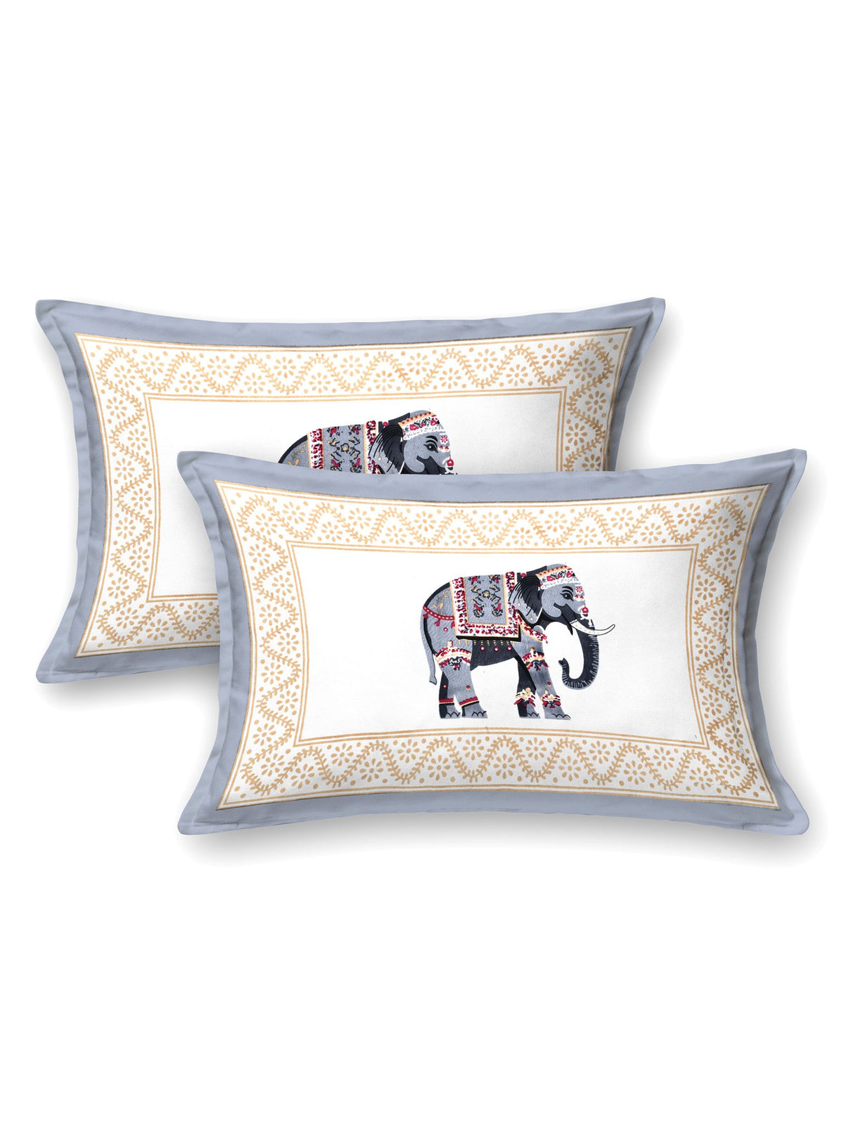 Two pillow covers with a grey-blue frame and a single grey & beige elephant motif in the centre