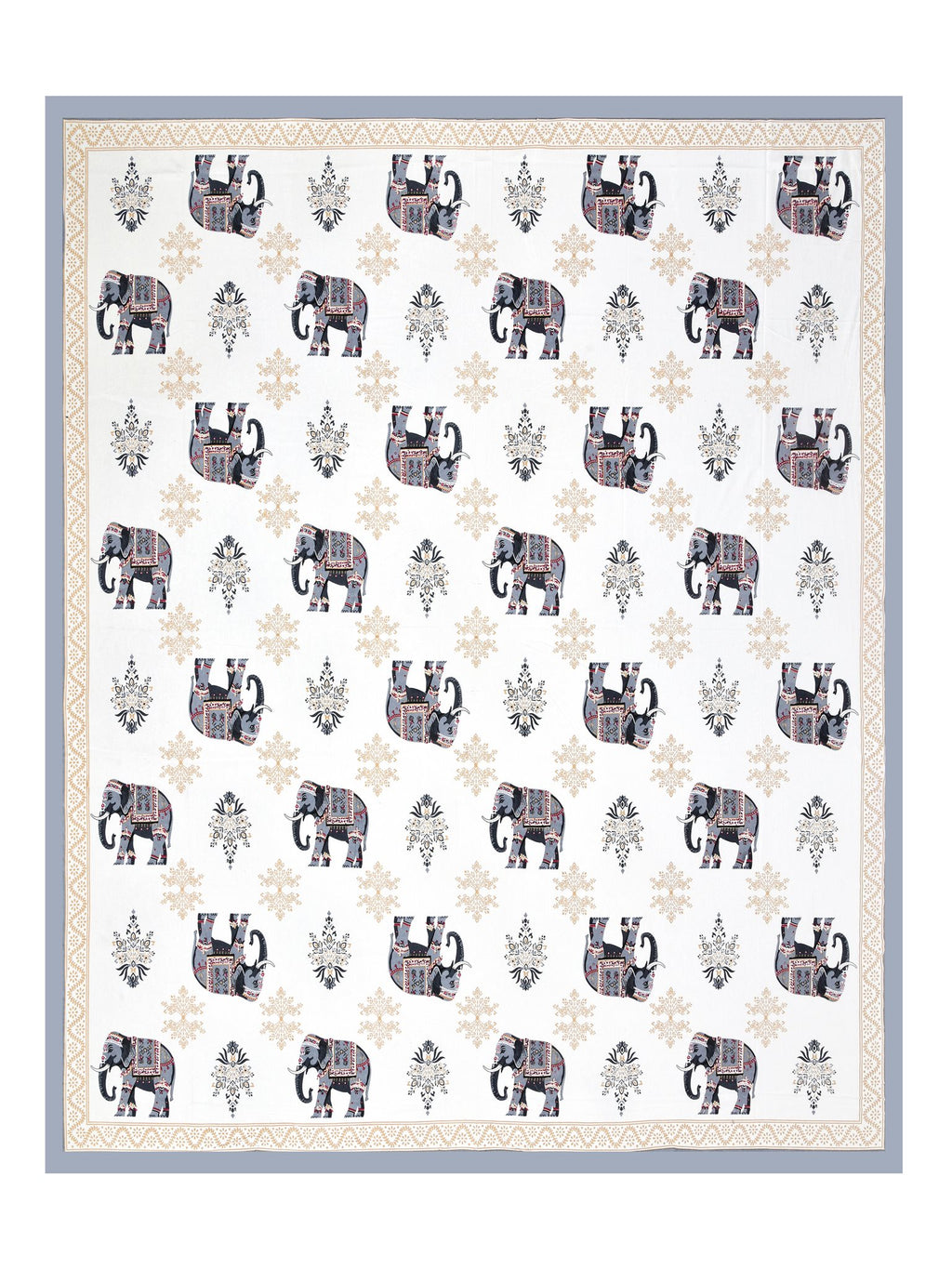 Full flat view of Castile India grey & beige elephant print super king bedsheet 108x108 with border