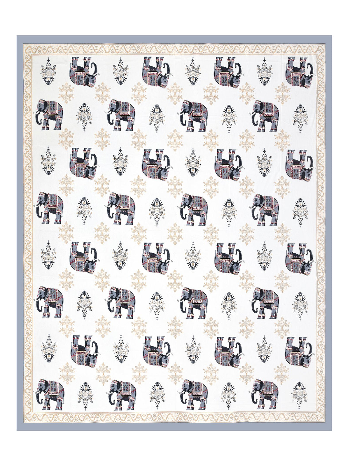 Full flat view of Castile India grey & beige elephant print super king bedsheet 108x108 with border