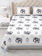Close front view of the grey & beige elephant print bedsheet and framed pillow covers