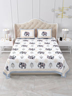 Front view of Castile India grey & beige elephant print super king size bedsheet 108x108 with 2 pillow covers